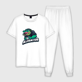 Мужская пижама хлопок с принтом Аллигатор , 100% хлопок | брюки и футболка прямого кроя, без карманов, на брюках мягкая резинка на поясе и по низу штанин
 | alligator | crocodile | reptile | аллигатор | крокодил | крокодильчик
