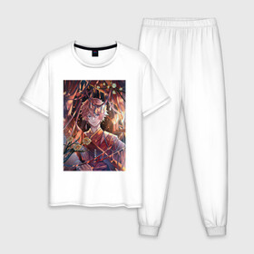 Мужская пижама хлопок с принтом Tartaglia fan art , 100% хлопок | брюки и футболка прямого кроя, без карманов, на брюках мягкая резинка на поясе и по низу штанин
 | Тематика изображения на принте: art | fanart | game | genshin | impact | tartaglia | арт | тарталья | фан
