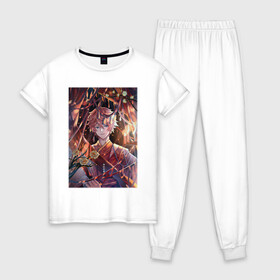 Женская пижама хлопок с принтом Tartaglia fan art , 100% хлопок | брюки и футболка прямого кроя, без карманов, на брюках мягкая резинка на поясе и по низу штанин | Тематика изображения на принте: art | fanart | game | genshin | impact | tartaglia | арт | тарталья | фан