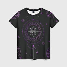 Женская футболка 3D с принтом Астрология , 100% полиэфир ( синтетическое хлопкоподобное полотно) | прямой крой, круглый вырез горловины, длина до линии бедер | астрология | глаз | гороскоп | звезды | лавандовый | лиловый | луна | оккультный глаз | пиктограмма | пиктограммы | руны | солнце | фиолетовый | черный и золотой | эзотерика
