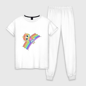Женская пижама хлопок с принтом Единорожка на радуге , 100% хлопок | брюки и футболка прямого кроя, без карманов, на брюках мягкая резинка на поясе и по низу штанин | rainbow | unicorn | единорог | единорожка | радуга | яркая радуга | яркий принт