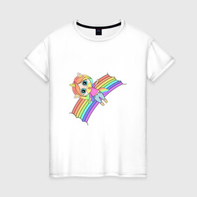 Женская футболка хлопок с принтом Единорожка на радуге , 100% хлопок | прямой крой, круглый вырез горловины, длина до линии бедер, слегка спущенное плечо | rainbow | unicorn | единорог | единорожка | радуга | яркая радуга | яркий принт