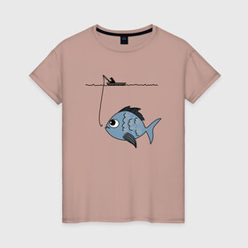 Женская футболка хлопок с принтом Огромный улов , 100% хлопок | прямой крой, круглый вырез горловины, длина до линии бедер, слегка спущенное плечо | крючок | лодка | рыба | рыбак | рыбалка | удочка