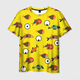 Мужская футболка 3D с принтом Рыбки на жёлтом , 100% полиэфир | прямой крой, круглый вырез горловины, длина до линии бедер | лето | морские жители | подводный мир | популярные иллюстрации | рыбки на жёлтом | рыбы | цветные рыбки