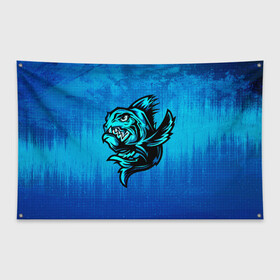 Флаг-баннер с принтом Пиранья , 100% полиэстер | размер 67 х 109 см, плотность ткани — 95 г/м2; по краям флага есть четыре люверса для крепления | Тематика изображения на принте: fish | piranha | живность | морская | на синем | пиранья | рыба