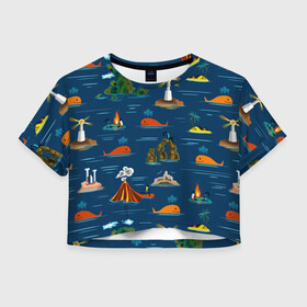 Женская футболка Crop-top 3D с принтом ОСТРОВА , 100% полиэстер | круглая горловина, длина футболки до линии талии, рукава с отворотами | география | киты | лето | морское | острова | путешествие. отдых | туризм