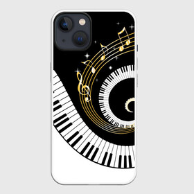 Чехол для iPhone 13 с принтом МУЗЫКАЛЬНЫЙ УЗОР ,  |  | black and white | gold | music | notes | piano | звуки | золото | клавиши | красота | музыка | ноты | рояль | спираль | узор | черно белое