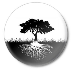Значок с принтом ДЕРЕВО ИНЬ-ЯНЬ ,  металл | круглая форма, металлическая застежка в виде булавки | blackwhite | evil | tree | дерево | добро | зло | инь янь | корни | лес | листья | природа | саванна | узор | черно белое