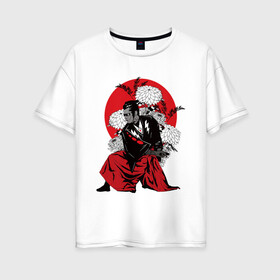 Женская футболка хлопок Oversize с принтом САМУРАЙ 007 , 100% хлопок | свободный крой, круглый ворот, спущенный рукав, длина до линии бедер
 | black | bond | flowers | japan | red | samurai | кимоно | костюм | меч | самурай | цветы | япония