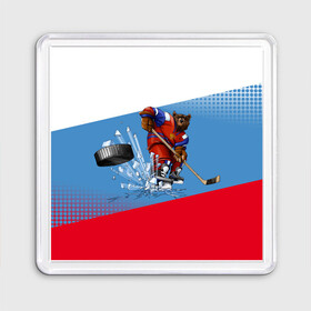 Магнит 55*55 с принтом Русский хоккей , Пластик | Размер: 65*65 мм; Размер печати: 55*55 мм | art | bear | flag | hockey | puck | russia | sport | stick | symbols | арт | клюшка | медведь | россия | символика | спорт | флаг | хоккей | шайба