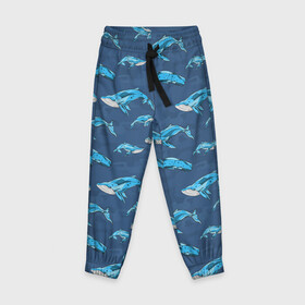 Детские брюки 3D с принтом Киты на синем , 100% полиэстер | манжеты по низу, эластичный пояс регулируется шнурком, по бокам два кармана без застежек, внутренняя часть кармана из мелкой сетки | Тематика изображения на принте: whale | кит | киты | море | на синем | паттерн