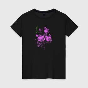 Женская футболка хлопок с принтом Purple flowers , 100% хлопок | прямой крой, круглый вырез горловины, длина до линии бедер, слегка спущенное плечо | flowers | иероглифы | надпись на японском | природа | растение | роза | цветочки | цветы