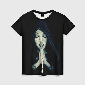 Женская футболка 3D с принтом Монашка с крестом , 100% полиэфир ( синтетическое хлопкоподобное полотно) | прямой крой, круглый вырез горловины, длина до линии бедер | анархия | крест | крест и монашка | крест череп | крестик | манархия | манашка | молитва | молится | монашка | монашка и крест | монашка с крестиком | монашка с крестом | монашки | с крестом | череп