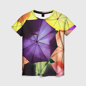 Женская футболка 3D с принтом Umbrellas , 100% полиэфир ( синтетическое хлопкоподобное полотно) | прямой крой, круглый вырез горловины, длина до линии бедер | abstraction | colorful | rainbow | umbrellas | зонты