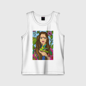 Детская майка хлопок с принтом Girl with bird in nature ,  |  | bird | blue | flowers | girl | green | hippie | leaves | lemon | meditation | nature | pineapple | pink | relax | sky | summer | yellow | yoga | картина с девушкой и птичкой | тату