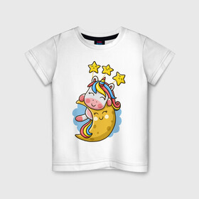 Детская футболка хлопок с принтом Единорог на луне , 100% хлопок | круглый вырез горловины, полуприлегающий силуэт, длина до линии бедер | Тематика изображения на принте: cute | funny | moon | pony | rainbow | unicorn | единорог | единорожка | звездочки | луна | милый | пони | радуга