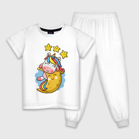 Детская пижама хлопок с принтом Единорог на луне , 100% хлопок |  брюки и футболка прямого кроя, без карманов, на брюках мягкая резинка на поясе и по низу штанин
 | cute | funny | moon | pony | rainbow | unicorn | единорог | единорожка | звездочки | луна | милый | пони | радуга
