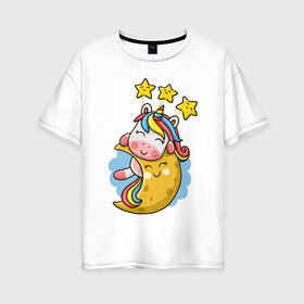 Женская футболка хлопок Oversize с принтом Единорог на луне , 100% хлопок | свободный крой, круглый ворот, спущенный рукав, длина до линии бедер
 | cute | funny | moon | pony | rainbow | unicorn | единорог | единорожка | звездочки | луна | милый | пони | радуга