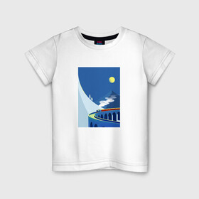 Детская футболка хлопок с принтом паровозик , 100% хлопок | круглый вырез горловины, полуприлегающий силуэт, длина до линии бедер | Тематика изображения на принте: гора | минимализм | мостик | паровозик | синее небо | снег | солнышко