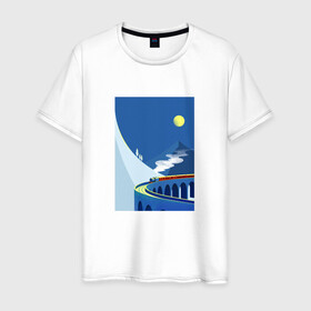 Мужская футболка хлопок с принтом паровозик , 100% хлопок | прямой крой, круглый вырез горловины, длина до линии бедер, слегка спущенное плечо. | гора | минимализм | мостик | паровозик | синее небо | снег | солнышко