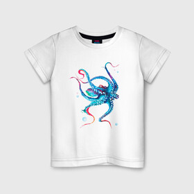 Детская футболка хлопок с принтом Осьминог акварель , 100% хлопок | круглый вырез горловины, полуприлегающий силуэт, длина до линии бедер | cute | octopus | акварель | милый | осьминог | осьминожка | тентакли