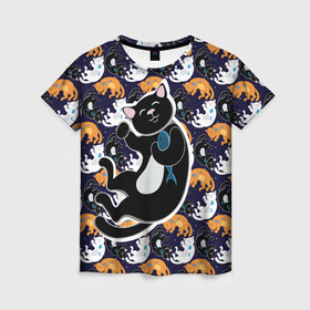 Женская футболка 3D с принтом Японские котики , 100% полиэфир ( синтетическое хлопкоподобное полотно) | прямой крой, круглый вырез горловины, длина до линии бедер | группа | животные | кот | кот с рыбой | котики | манэки нэко | манящий кот | чёрный кот | япония