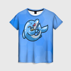 Женская футболка 3D с принтом Дельфин с коктейлем , 100% полиэфир ( синтетическое хлопкоподобное полотно) | прямой крой, круглый вырез горловины, длина до линии бедер | dolphin | дельфин | коктейль | море | морские | на голубом | с дельфином