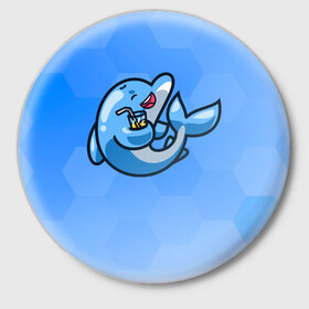 Значок с принтом Дельфин с коктейлем ,  металл | круглая форма, металлическая застежка в виде булавки | dolphin | дельфин | коктейль | море | морские | на голубом | с дельфином