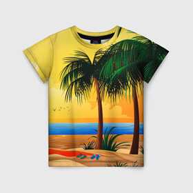Детская футболка 3D с принтом Пляж , 100% гипоаллергенный полиэфир | прямой крой, круглый вырез горловины, длина до линии бедер, чуть спущенное плечо, ткань немного тянется | Тематика изображения на принте: арт | графика | лето | море | пальмы | песок