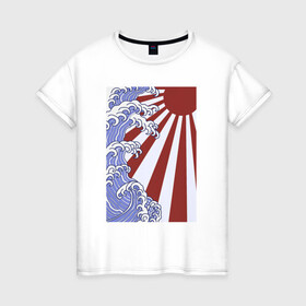 Женская футболка хлопок с принтом Волна и солнце в Канагаве , 100% хлопок | прямой крой, круглый вырез горловины, длина до линии бедер, слегка спущенное плечо | japan | japanese style | ninja | samurai | shinobi | the great wave off kanagawa | большая волна в канагаве | иероглифы | канагава | киото | осака | самурай | токио | японист | япония | японский стиль | японский флаг | японское солнце