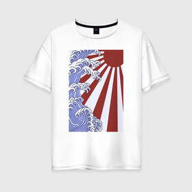 Женская футболка хлопок Oversize с принтом Волна и солнце в Канагаве , 100% хлопок | свободный крой, круглый ворот, спущенный рукав, длина до линии бедер
 | japan | japanese style | ninja | samurai | shinobi | the great wave off kanagawa | большая волна в канагаве | иероглифы | канагава | киото | осака | самурай | токио | японист | япония | японский стиль | японский флаг | японское солнце