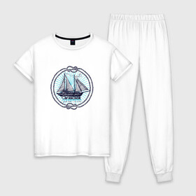 Женская пижама хлопок с принтом Корабль Якорь , 100% хлопок | брюки и футболка прямого кроя, без карманов, на брюках мягкая резинка на поясе и по низу штанин | anchor | ship | кораблик | корабль | море | океан | шварт | якори | якорь