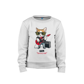 Детский свитшот хлопок с принтом КРУТОЙ КОТ ГИТАРИСТ , 100% хлопок | круглый вырез горловины, эластичные манжеты, пояс и воротник | and | cat | cats | cute | funny | guitar | heavy | kitten | kitty | meow | metal | music | n | pet | playing | rock | roll | star | гитара | гитарист | кот | котик | коты | кошка | кошки | крутой | музыка | рок