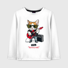 Детский лонгслив хлопок с принтом КРУТОЙ КОТ ГИТАРИСТ , 100% хлопок | круглый вырез горловины, полуприлегающий силуэт, длина до линии бедер | and | cat | cats | cute | funny | guitar | heavy | kitten | kitty | meow | metal | music | n | pet | playing | rock | roll | star | гитара | гитарист | кот | котик | коты | кошка | кошки | крутой | музыка | рок