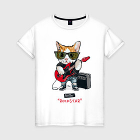 Женская футболка хлопок с принтом КРУТОЙ КОТ ГИТАРИСТ , 100% хлопок | прямой крой, круглый вырез горловины, длина до линии бедер, слегка спущенное плечо | and | cat | cats | cute | funny | guitar | heavy | kitten | kitty | meow | metal | music | n | pet | playing | rock | roll | star | гитара | гитарист | кот | котик | коты | кошка | кошки | крутой | музыка | рок