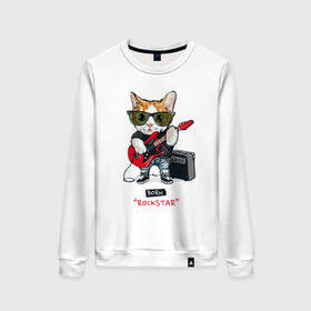 Женский свитшот хлопок с принтом КРУТОЙ КОТ ГИТАРИСТ , 100% хлопок | прямой крой, круглый вырез, на манжетах и по низу широкая трикотажная резинка  | and | cat | cats | cute | funny | guitar | heavy | kitten | kitty | meow | metal | music | n | pet | playing | rock | roll | star | гитара | гитарист | кот | котик | коты | кошка | кошки | крутой | музыка | рок