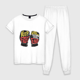 Женская пижама хлопок с принтом Keep Fight , 100% хлопок | брюки и футболка прямого кроя, без карманов, на брюках мягкая резинка на поясе и по низу штанин | keep fight | бокс | перчатки | соревнования | спорт