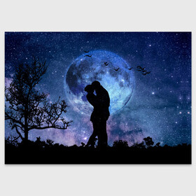 Поздравительная открытка с принтом Влюбленные на фоне луны , 100% бумага | плотность бумаги 280 г/м2, матовая, на обратной стороне линовка и место для марки
 | влюбленные | двое | луна | любовь | ночь | объятия | романтика