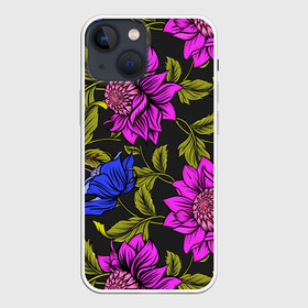 Чехол для iPhone 13 mini с принтом Цветочный Паттерн ,  |  | blue | flower | flowers | green | nature | pattern | purple | spring | summer | весна | ветви | ветки | заросли | зеленый | лаза | лето | листва | листья | орнамент | паттерн | природа | синий | узор | фауна | фиолетовый | флора | цветок