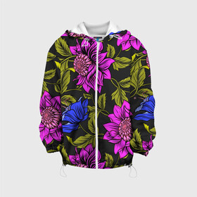 Детская куртка 3D с принтом Цветочный Паттерн , 100% полиэстер | застежка — молния, подол и капюшон оформлены резинкой с фиксаторами, по бокам — два кармана без застежек, один потайной карман на груди, плотность верхнего слоя — 90 г/м2; плотность флисового подклада — 260 г/м2 | blue | flower | flowers | green | nature | pattern | purple | spring | summer | весна | ветви | ветки | заросли | зеленый | лаза | лето | листва | листья | орнамент | паттерн | природа | синий | узор | фауна | фиолетовый | флора | цветок