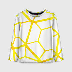 Детский лонгслив 3D с принтом Hexagon , 100% полиэстер | длинные рукава, круглый вырез горловины, полуприлегающий силуэт
 | hexagon | high tech | lines | sun | yellow | линии | многоугольник | насыщенный желтый | паутина | солнце | хай тек | шестиугольник | яркий