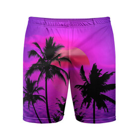 Мужские шорты спортивные с принтом Неоновый Закат ,  |  | закат | море | пальмы | солнце | тропики