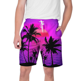 Мужские шорты 3D с принтом Неоновый Закат ,  полиэстер 100% | прямой крой, два кармана без застежек по бокам. Мягкая трикотажная резинка на поясе, внутри которой широкие завязки. Длина чуть выше колен | закат | море | пальмы | солнце | тропики