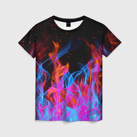 Женская футболка 3D с принтом ТРИ ОГНЯ FIRE СИНИЙ ОГОНЬ , 100% полиэфир ( синтетическое хлопкоподобное полотно) | прямой крой, круглый вырез горловины, длина до линии бедер | fire | взрыв. | горит | огонь | пламя | пожар | розовый огонь | синий огонь | три огня