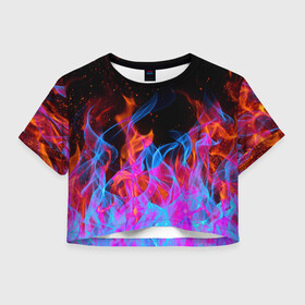 Женская футболка Crop-top 3D с принтом ТРИ ОГНЯ FIRE СИНИЙ ОГОНЬ , 100% полиэстер | круглая горловина, длина футболки до линии талии, рукава с отворотами | fire | взрыв. | горит | огонь | пламя | пожар | розовый огонь | синий огонь | три огня