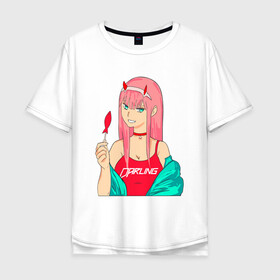 Мужская футболка хлопок Oversize с принтом Zero Two Art , 100% хлопок | свободный крой, круглый ворот, “спинка” длиннее передней части | Тематика изображения на принте: anime | art | chan | darling in france | pilot | zero two | аниме | арт | милый во франксе | ноль два | пилот | тян