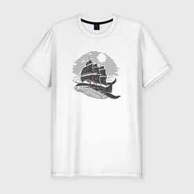 Мужская футболка хлопок Slim с принтом Кит и корабль , 92% хлопок, 8% лайкра | приталенный силуэт, круглый вырез ворота, длина до линии бедра, короткий рукав | ship | whale | кит | киты | корабль | паруса