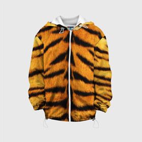 Детская куртка 3D с принтом Шкура Тигра , 100% полиэстер | застежка — молния, подол и капюшон оформлены резинкой с фиксаторами, по бокам — два кармана без застежек, один потайной карман на груди, плотность верхнего слоя — 90 г/м2; плотность флисового подклада — 260 г/м2 | Тематика изображения на принте: skin | tiger | wool | тигр