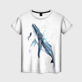 Женская футболка 3D с принтом кит , 100% полиэфир ( синтетическое хлопкоподобное полотно) | прямой крой, круглый вырез горловины, длина до линии бедер | ocean | sea | sea animal | whale | акварель | кит | море | океан | рисунок кита
