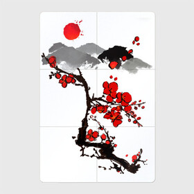 Магнитный плакат 2Х3 с принтом Рисунок Сакура , Полимерный материал с магнитным слоем | 6 деталей размером 9*9 см | горы | красный | пейзаж | рисунок | цветы | япония | японский стиль